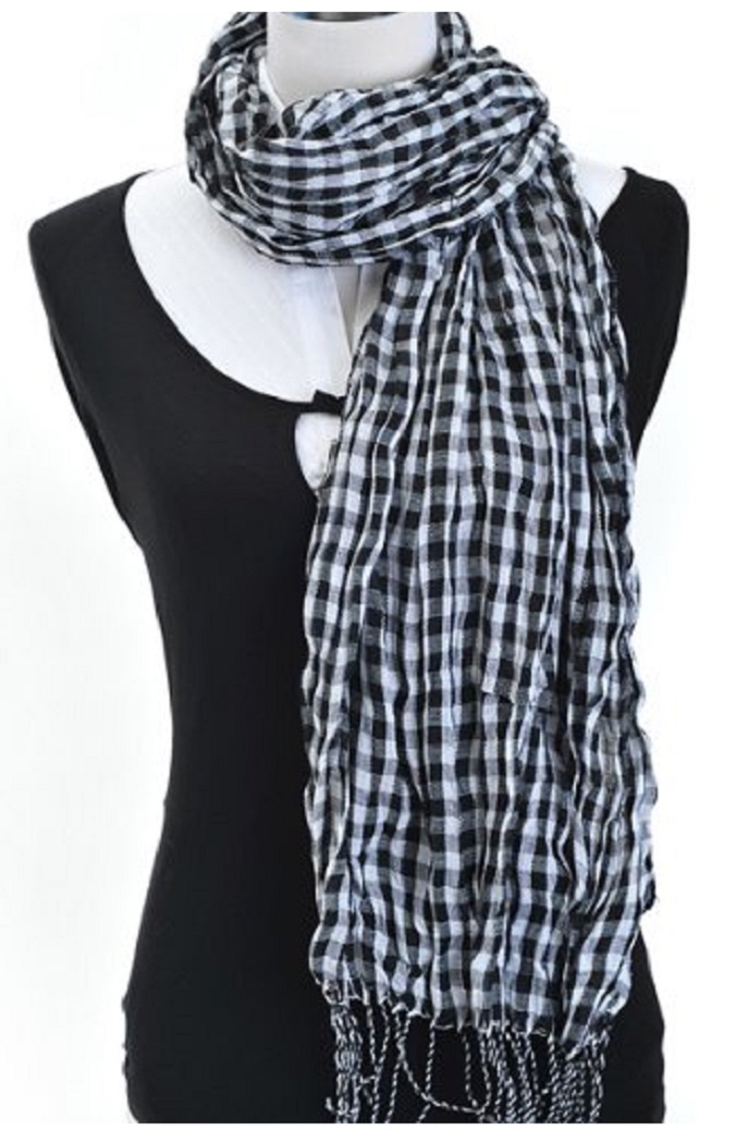 Viscose Small Square With Stripes Fringed End Scarf For Women-BlackWhite