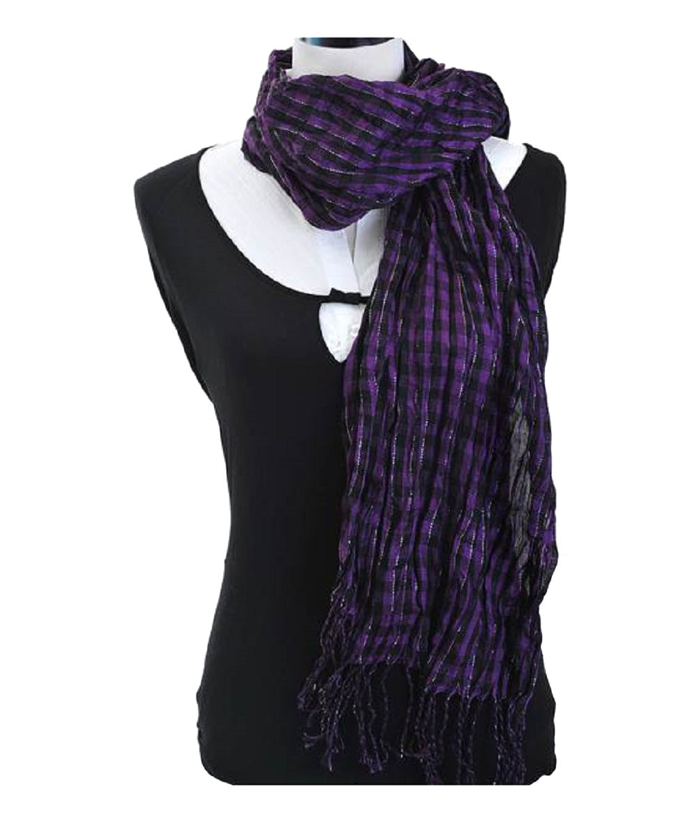 Viscose Shawl Stripes Pattern Fringed End Scarf For Women-Purple