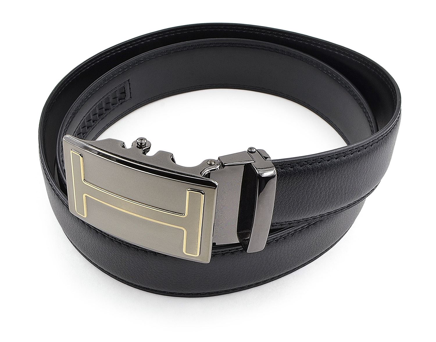 Moda Di Raza- Mens Gunmetal H Slide Buckle Formal Stylish Casual Genuine Fashion Leather Belt/BLACK-D8