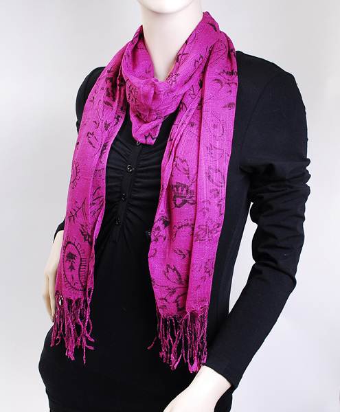 100% Viscose Floral  Print With Fringed end Scarf For Women-HotPink