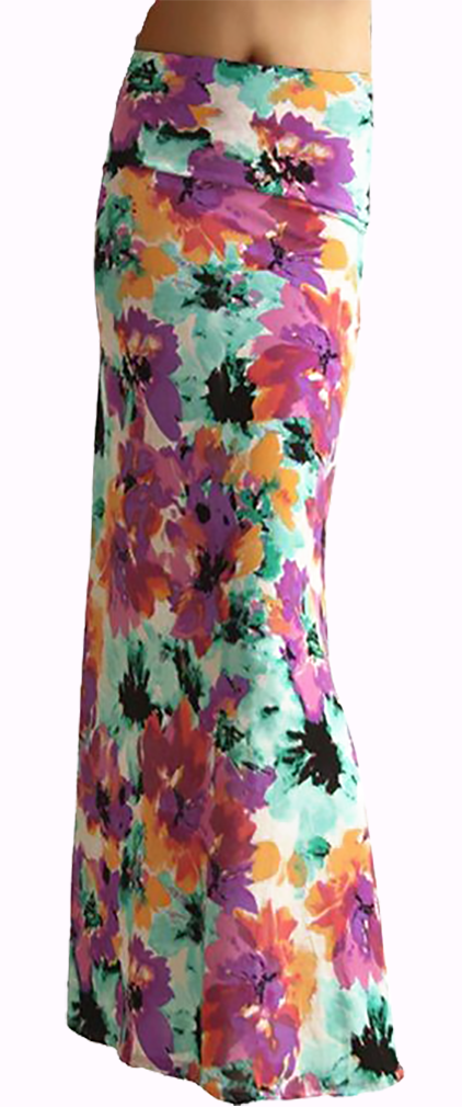 Poly Span Floral Print Full Length Long Maxi Skirt - Small, PurpleMintYellow