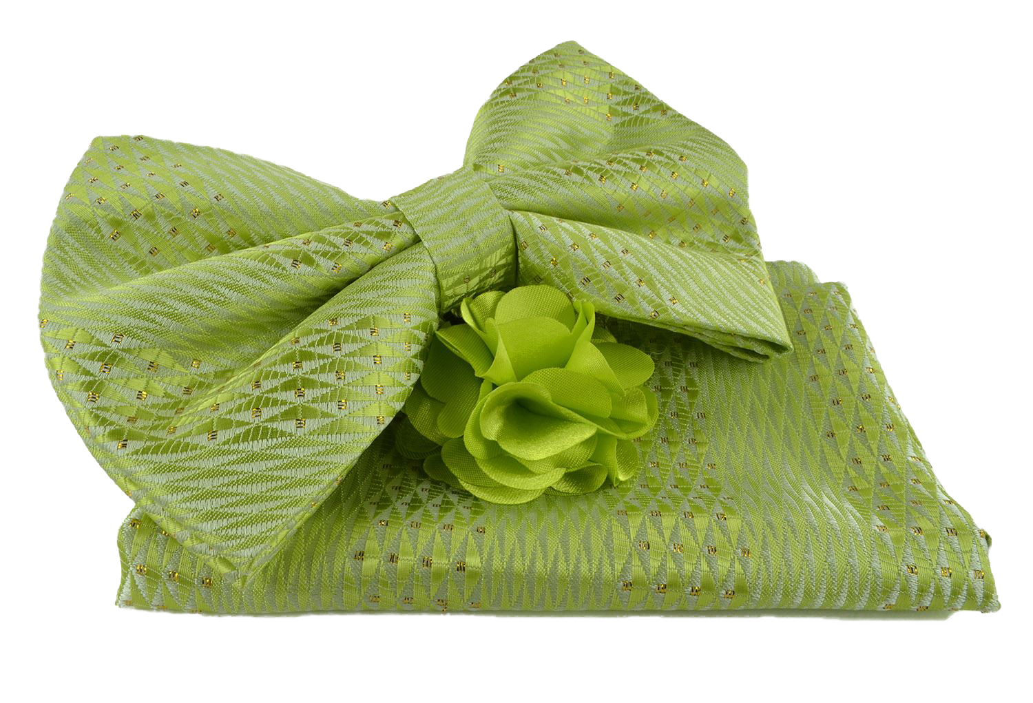 Uomo Vennetto Men's Green Woven Bow Tie with Hanky and Lapel Flower