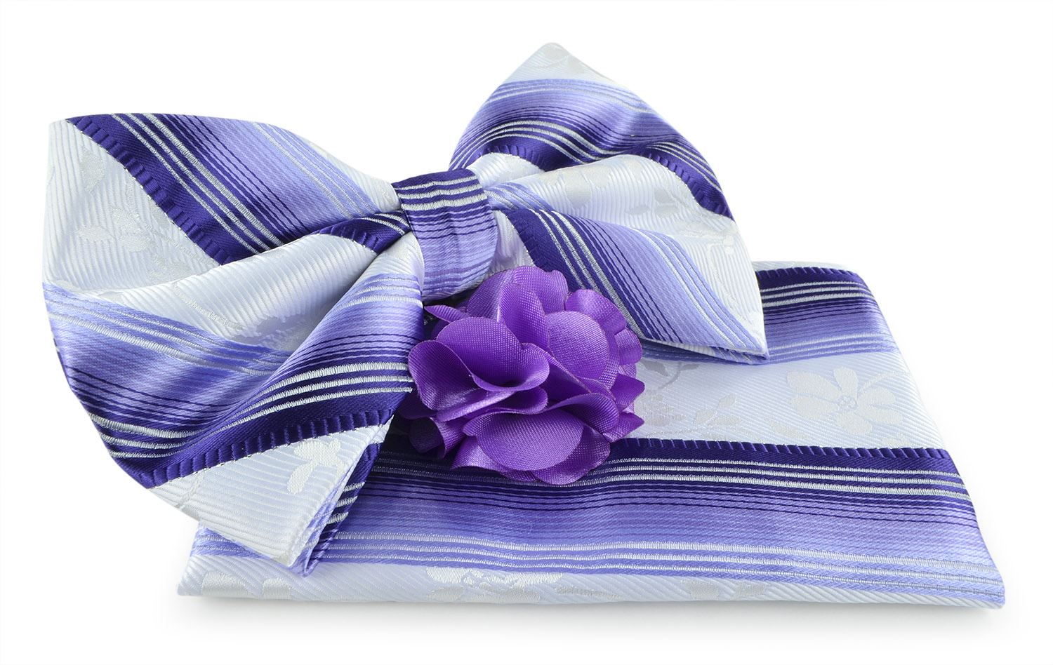 Uomo Vennetto Men's Purple and White Striped Bow Tie with Hanky and Lapel Flower