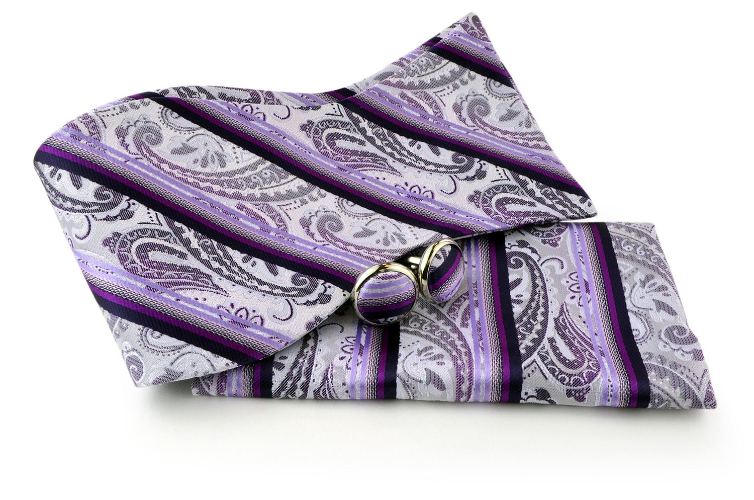 UomoVennetto Men's Violet, Magenta and White Paisley Polyester Self Tie Bow Tie and Cufflinks