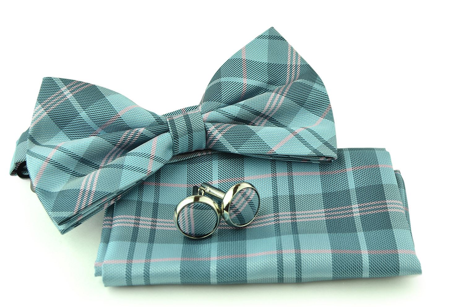 Uomo Vennetto Men's Powder Blue and Pink Plaid Polyester Bow Tie, Hanky and Cufflinks