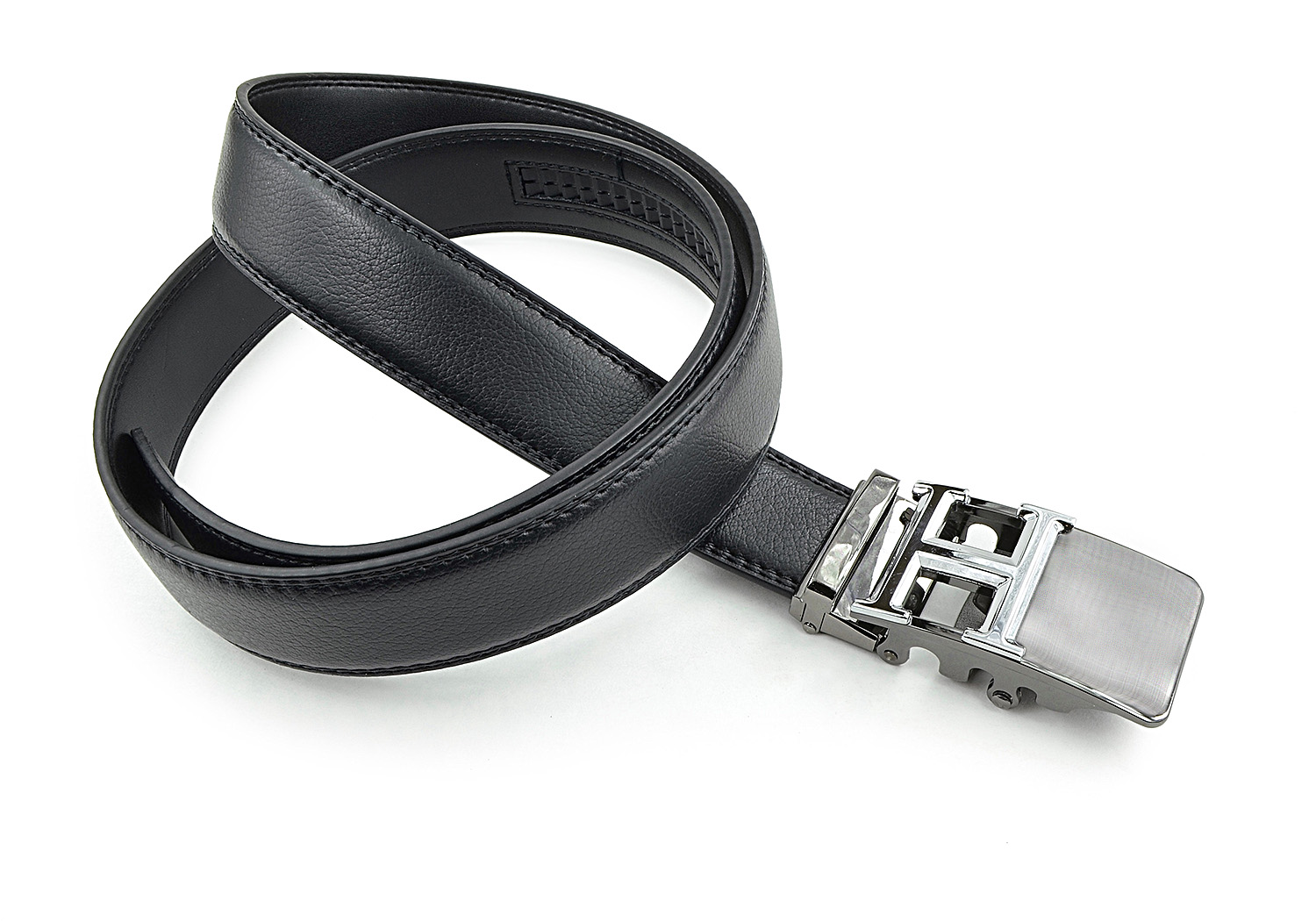 Mens Leather Belt with Automatic Slide Buckle - Black PU Leather Ratchet Belt by Moda Di Raza - Black One Size