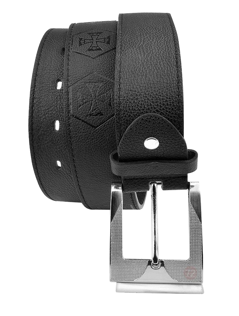 Moda Di Raza-Mens Leather Iron Cross Belt - Dress Belt - Silver Polished Square Buckle - Single Prong Buckle - Black/L