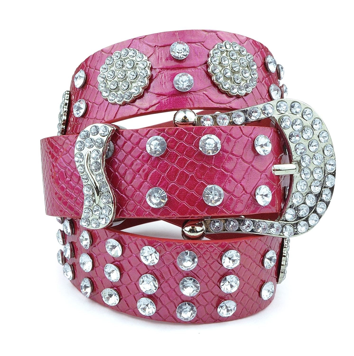 Womens Studded Belts - Multiple Colors & Designs - Western Cowgirl PU Leather Rhinestone Belt with Bling Buckles by Belle Donne - Red-IV