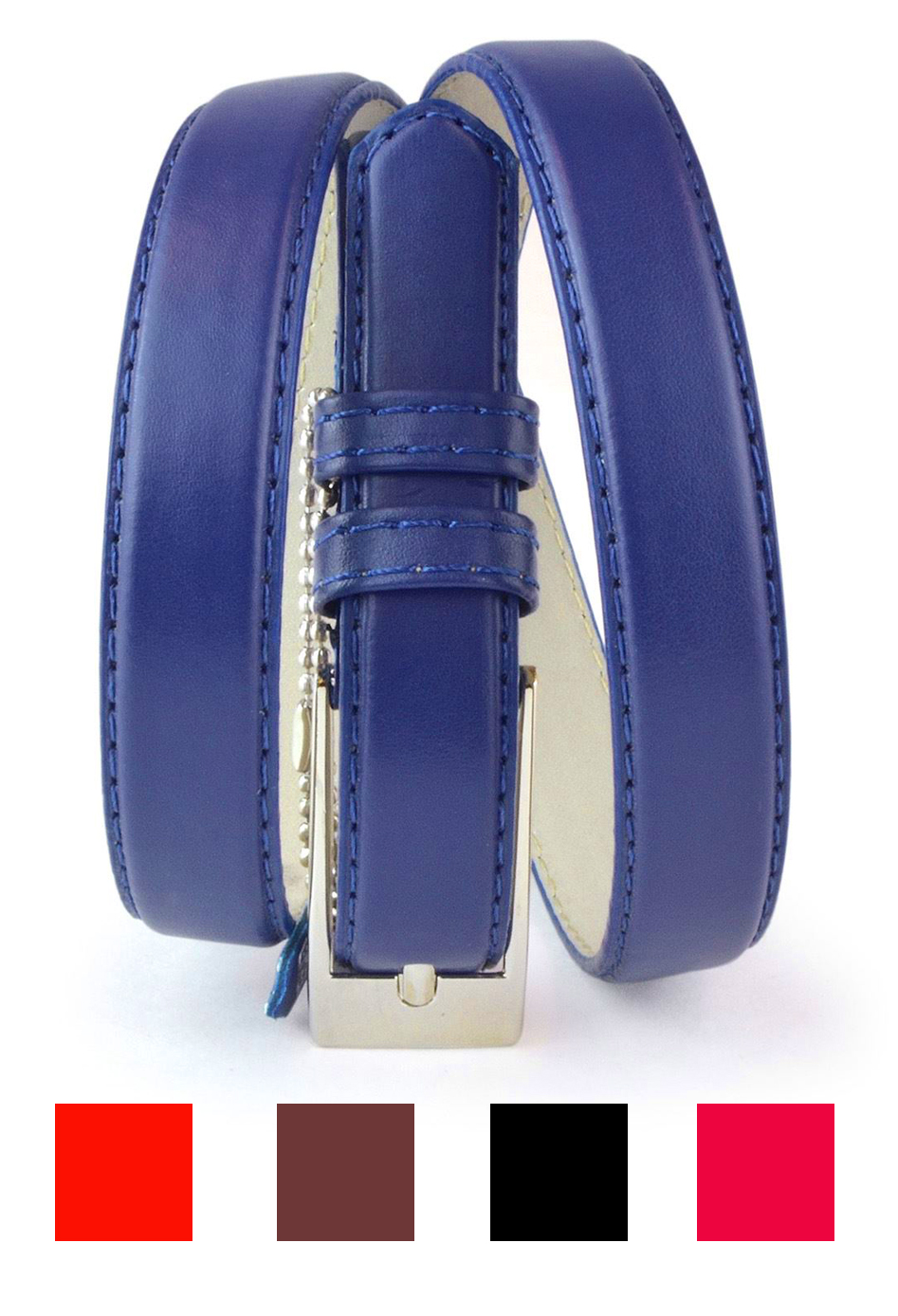 Belle Donne - Women's Solid Color Faux Leather 3/4" Belt w/ Metal Square Buckle