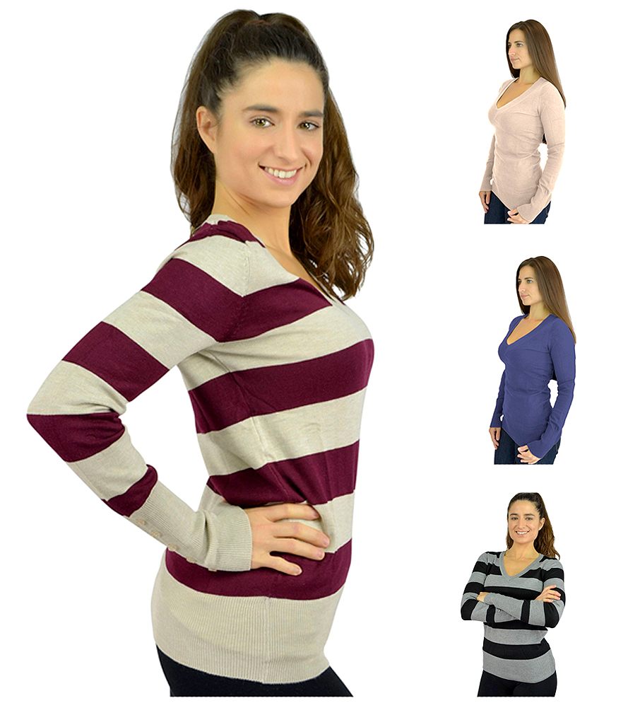 Belle Donne - Women's Long Sleeve V-Neck Sweater Pullovers Cotton Sweaters
