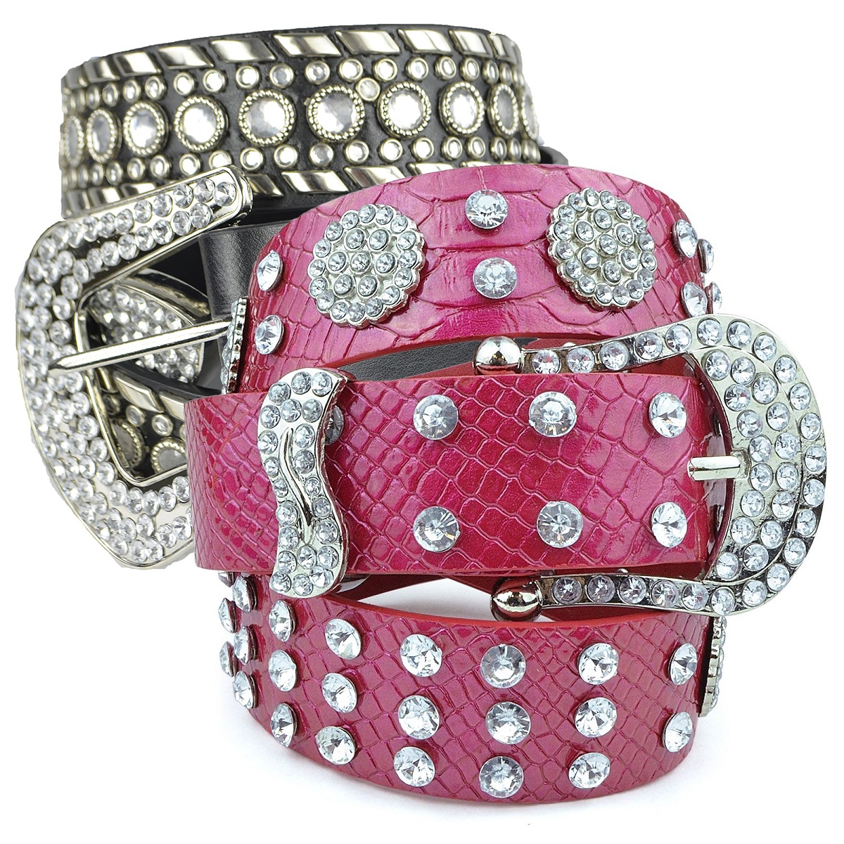 Womens Studded Belts - Western Cowgirl PU Leather Rhinestone Belt with Bling Buckles by Belle Donne
