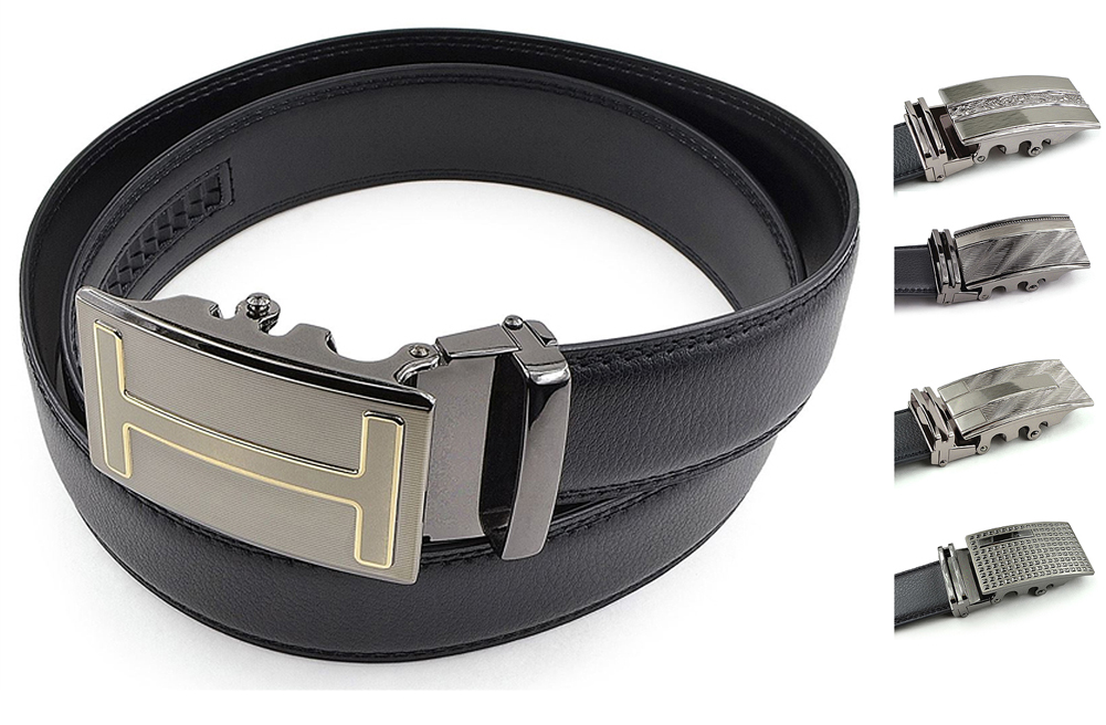 Mens Leather Belt with Automatic Slide Buckle - Black PU Leather Ratchet Belt by Moda Di Raza