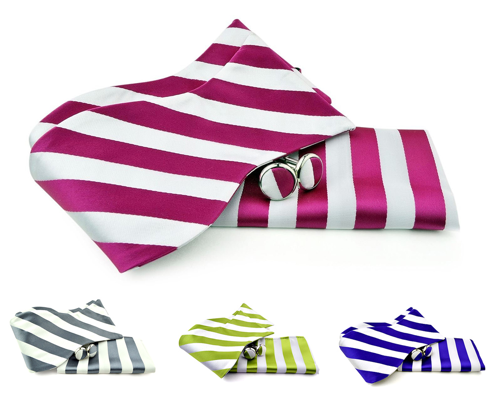 Uomo Vennetto Men's College Striped Polyester Self Tie -Bow Tie and Cufflink Set