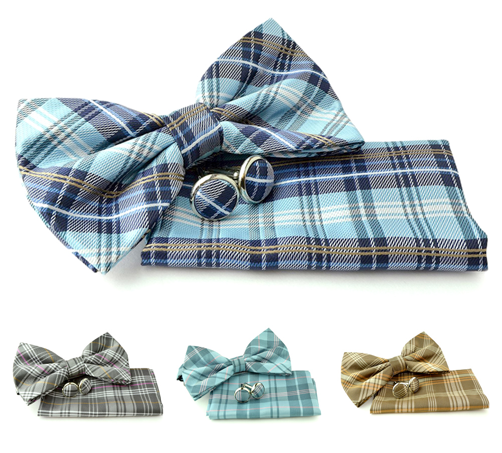 Uomo Vennetto Men's Plaid Polyester Bow Tie - Bow Tie Hanky and Cufflinks Set