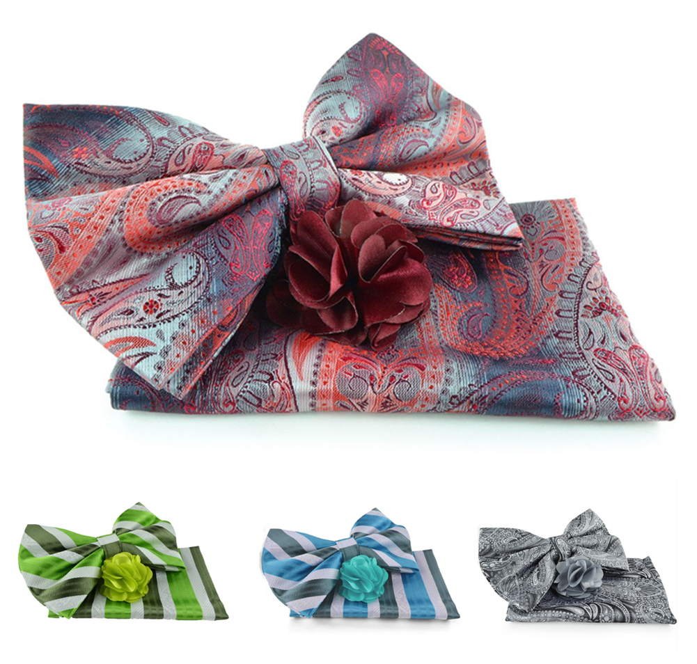 Uomo Vennetto Men's Bow tie -Fashion Bow Tie, Hanky and Flower Lapel Pin Set