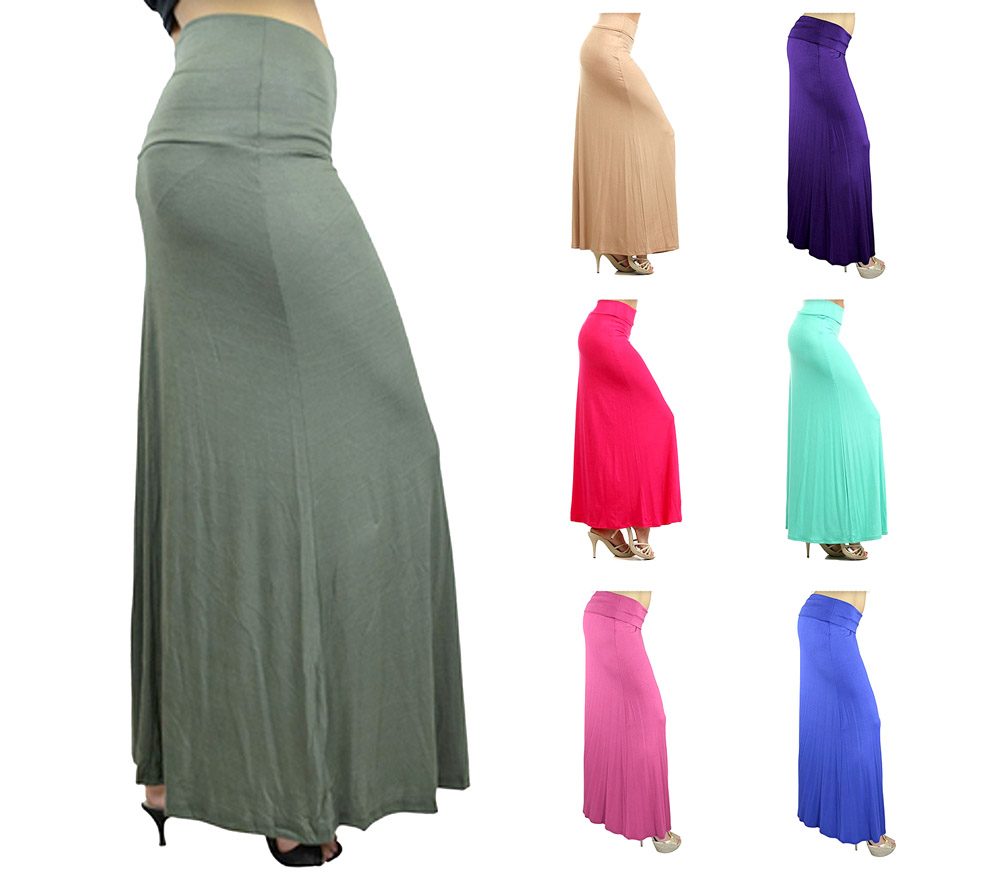 Belle Donne- Women's Maxi Skirt Stretchy Full Length Solid Color Long Skirt