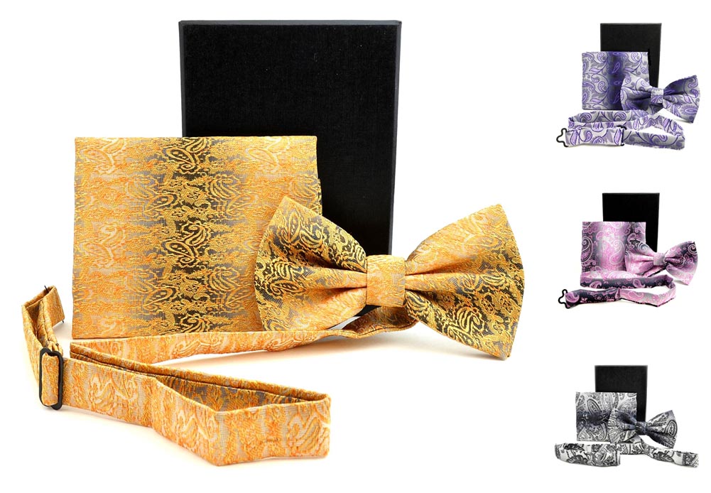 Uomo Vennetto- Men Bowtie- Premium Woven Fabric Satin Silk BOW Tie Handkercheif