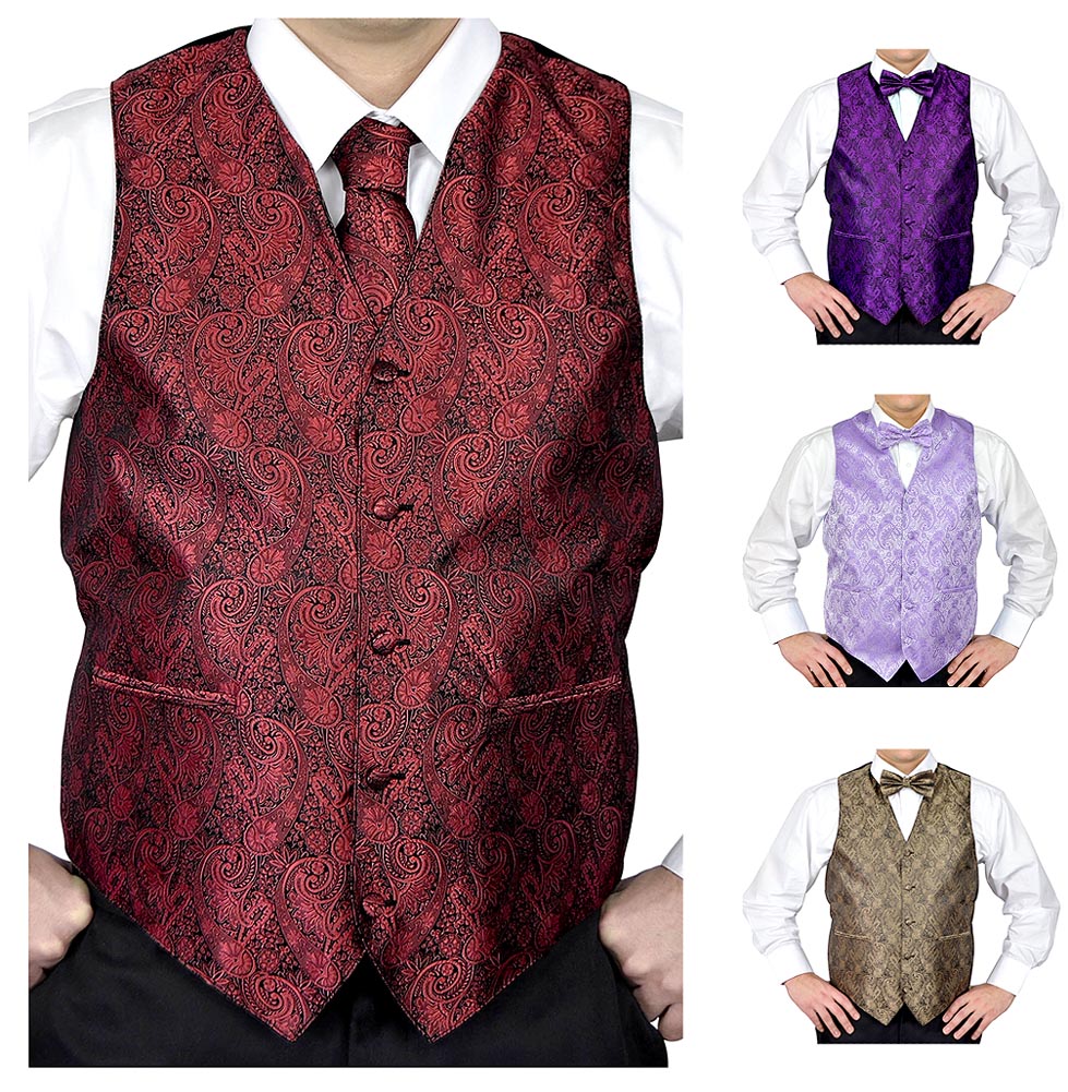 Moda Di Raza- 4 Pc Mens Paisley Tuxedo Dress Suit | Vest | Hanky | Tie | Bow-Tie