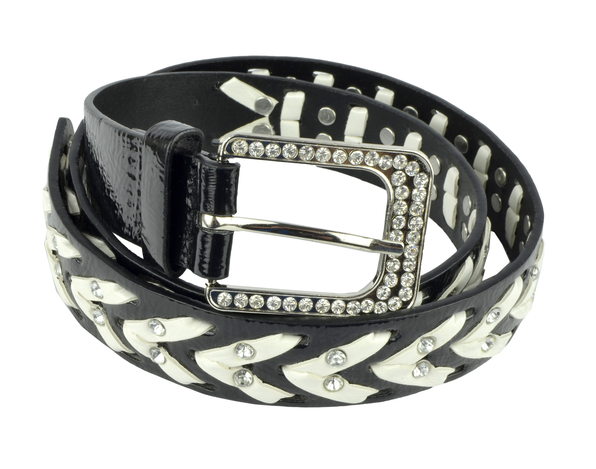 Womens Studded Belts - Multiple Colors & Designs - Western Cowgirl PU Leather Rhinestone Belt with Bling Buckles by Belle Donne - Black-VI