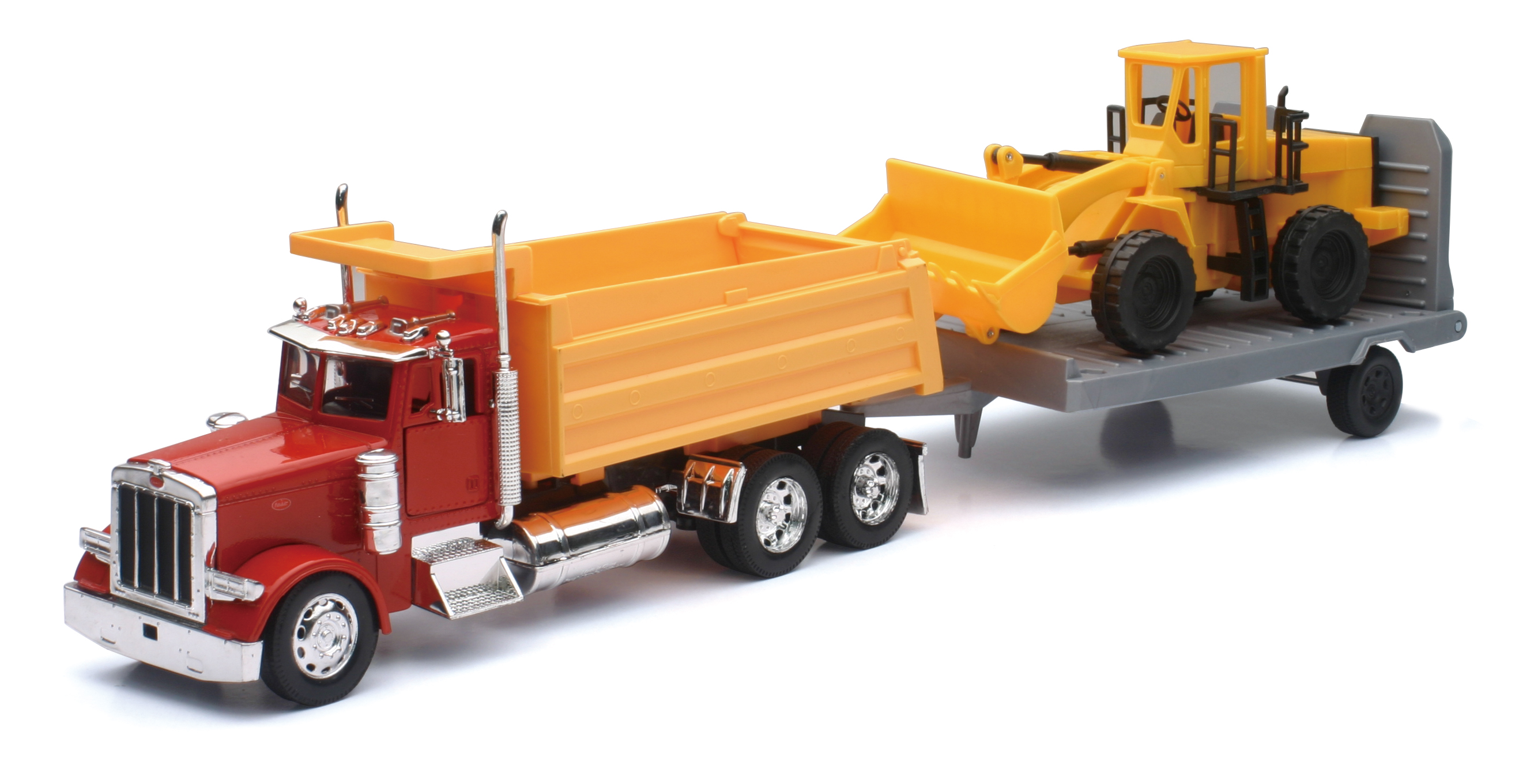 Peterbilt Dump Truck with Wheel Loader and Flatbed Trailer