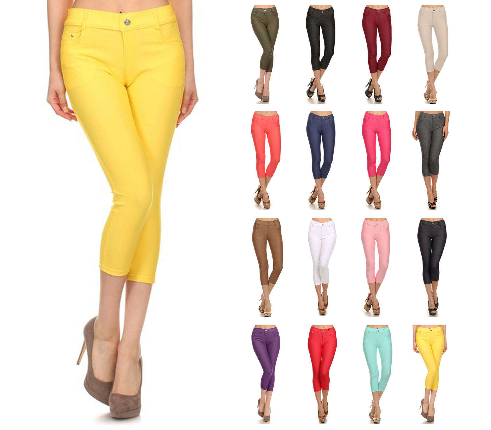 Womens Jeggings with Pockets Solid Color Capri Leggings by Belle Donne - Plus SIze Available