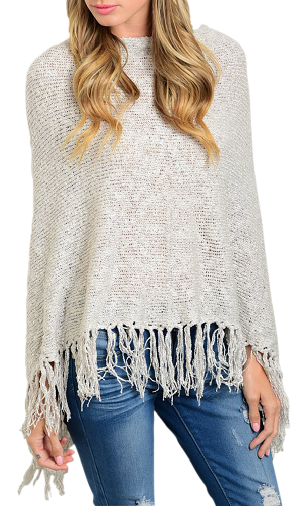 Shawl Style Cardigan Fringes Long Sleeve Knitted Sweater Winter Top - LightGray