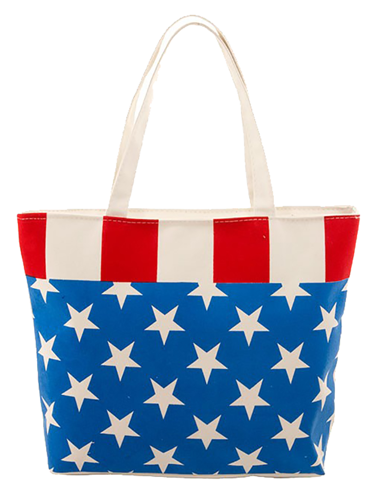 American Flag Print Canvas Day Tote Zipper on Top - 16"x12.4"x3"