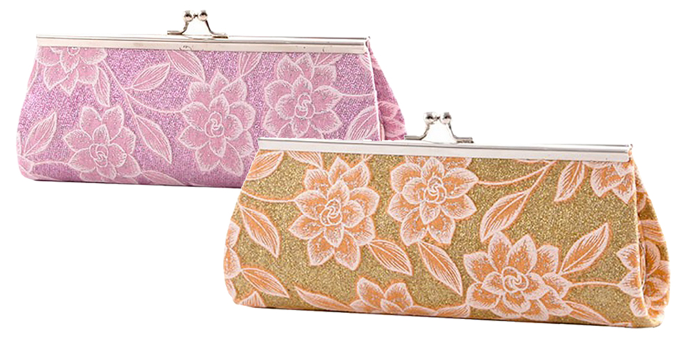 Long Hard Cover Clutch With Glittered Fabric And Flower Print Detail