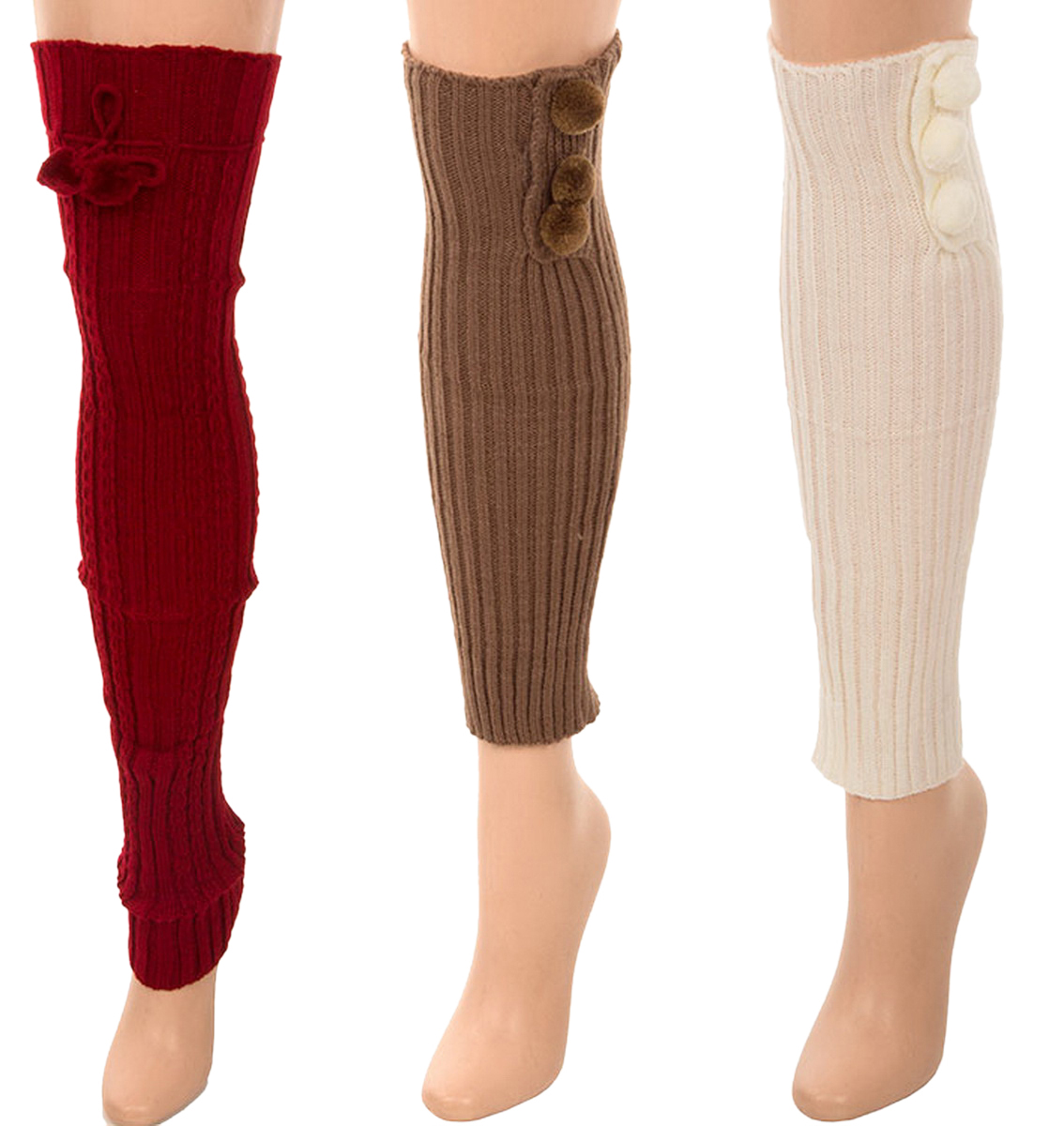 Belle Donne- Leg Warmer Solid Ribbed Knit Tie With Pom Pom Or Flower For Winter