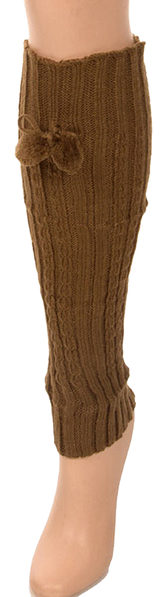 Belle Donne- Leg Warmer Solid Ribbed Knit Tie With Pom Pom Or Flower For Winter - Tan