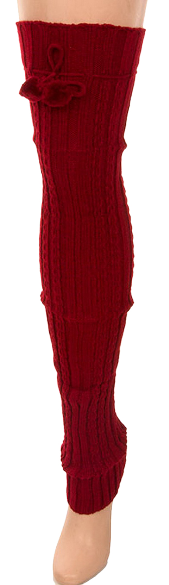 Belle Donne- Leg Warmer Solid Ribbed Knit Tie With Pom Pom Or Flower For Winter - Burgundy