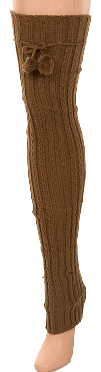 Belle Donne- Leg Warmer Solid Ribbed Knit Tie With Pom Pom Or Flower For Winter - Tan