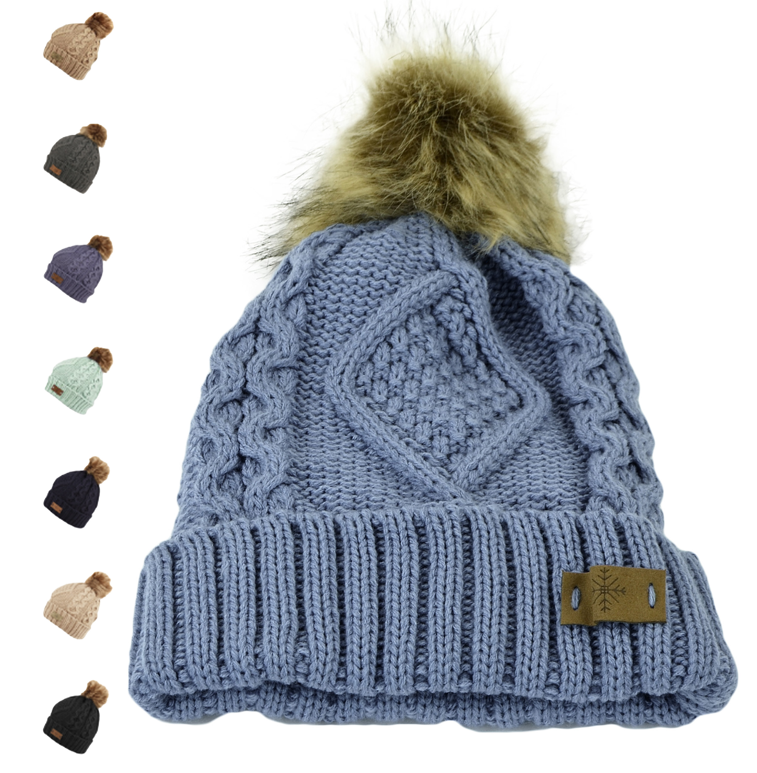 Belle Donne - Women's Winter Fleece Lined Cable Knitted Pom Pom Beanie Hat