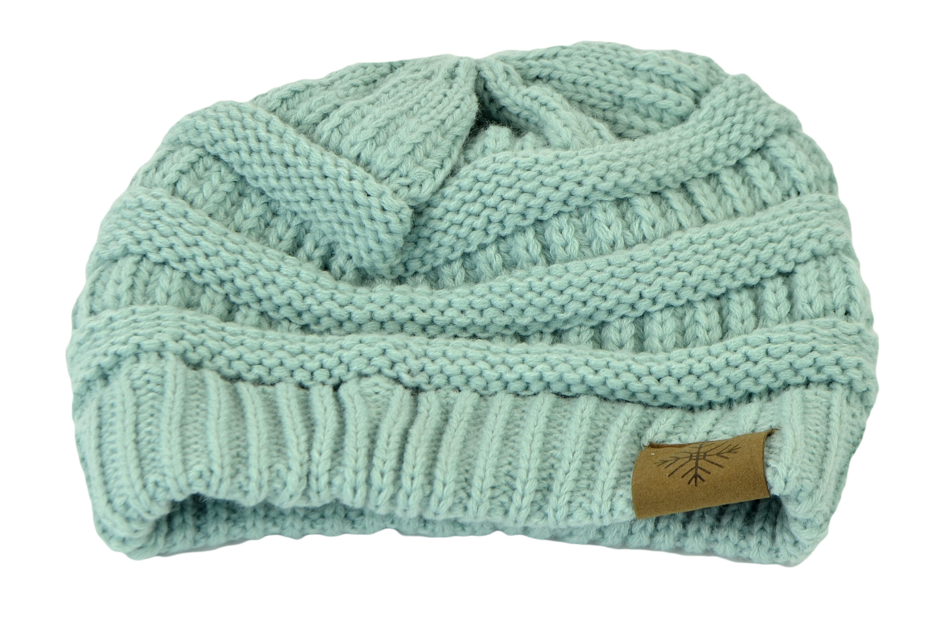 Belle Donne Women's Winter Fleece Lined Cable Knitted Pom Pom Beanie Hat - Mint-II