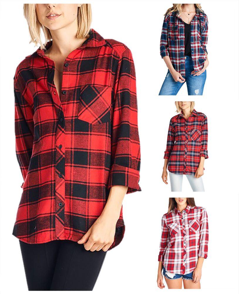 Belle Donne - Women Button Up Shirt Plaid Red Blue  Shirts Check Flannel Shirt