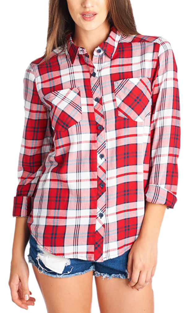 Belle Donne - Women Button Up Shirt Plaid Red Blue  Shirts Check Flannel Shirt - White/Small