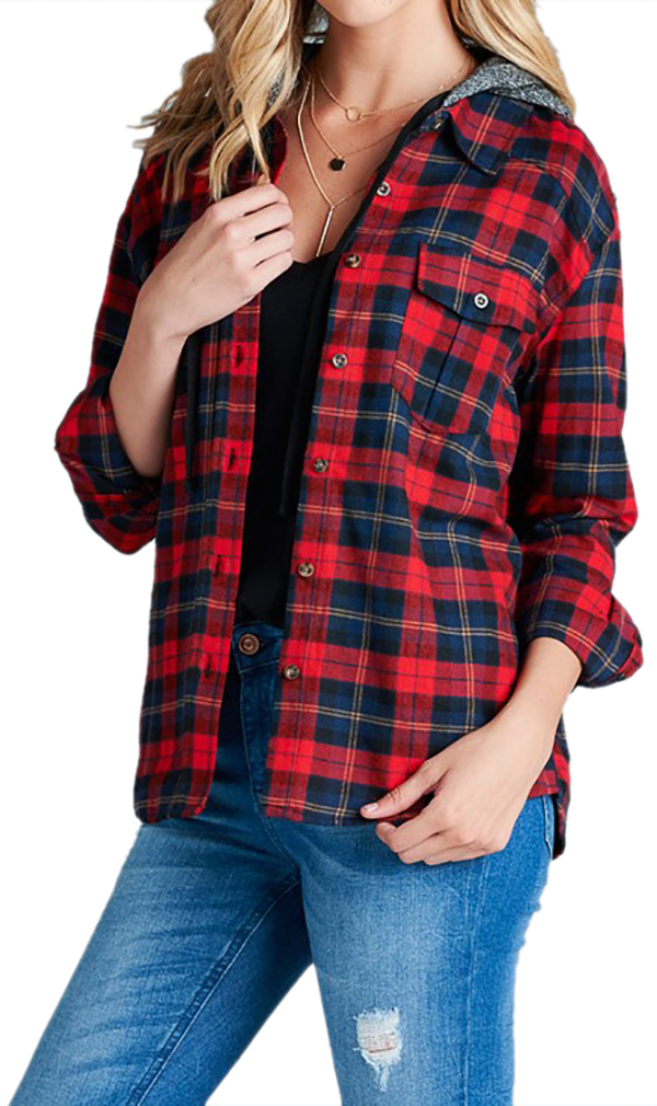 Belle Donne - Women Button Up Shirt Plaid Red Blue Shirts Check Flannel Shirt - Black/Small