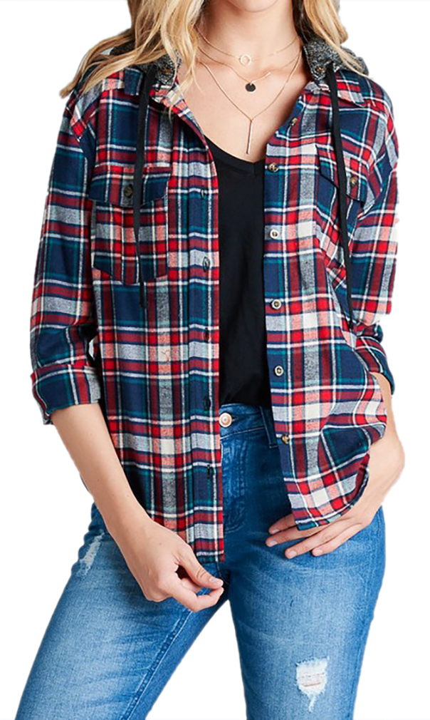 Belle Donne - Women Button Up Shirt Plaid Red Blue  Shirts Check Flannel Shirt - Taupe/Small