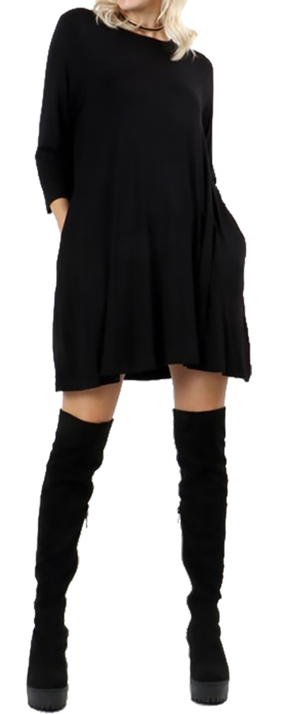 Belle Donne Short Dress With Long Sleeves Loose Tunic Style With Mock Neck - Black/Medium