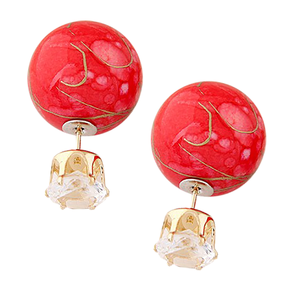 Belle Donne Colorful Womens Double Ball Earrings Crystal Ball Stud Earrings Set - Red-Rhinestones