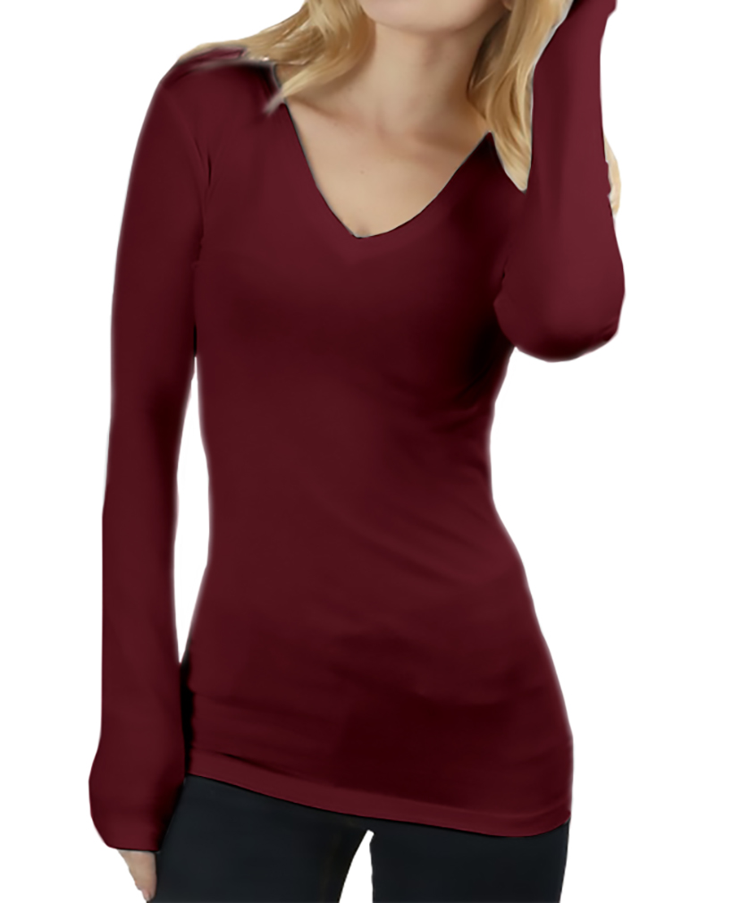 Belle Donne Plus Size T Shirt For Women V Neck Long Sleeves Casual Top - Dark Burgundy/Small