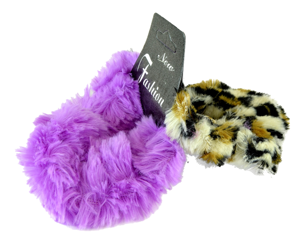 2 Piece Fuzzy Furry Artificial Leopard Faux Fur Hair Band Hair Holder Wristband - E