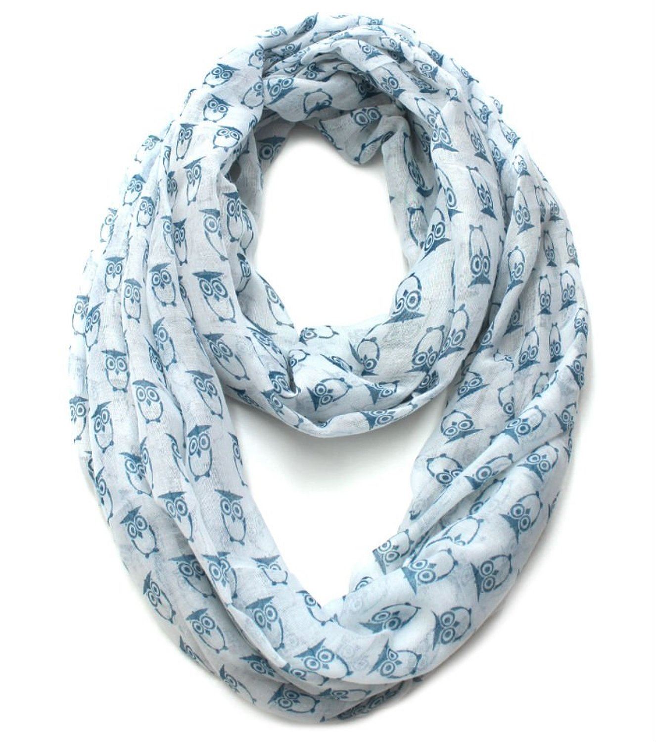 Lightweight Bright Color Owl Printed Infinity Scarf in White-Blue