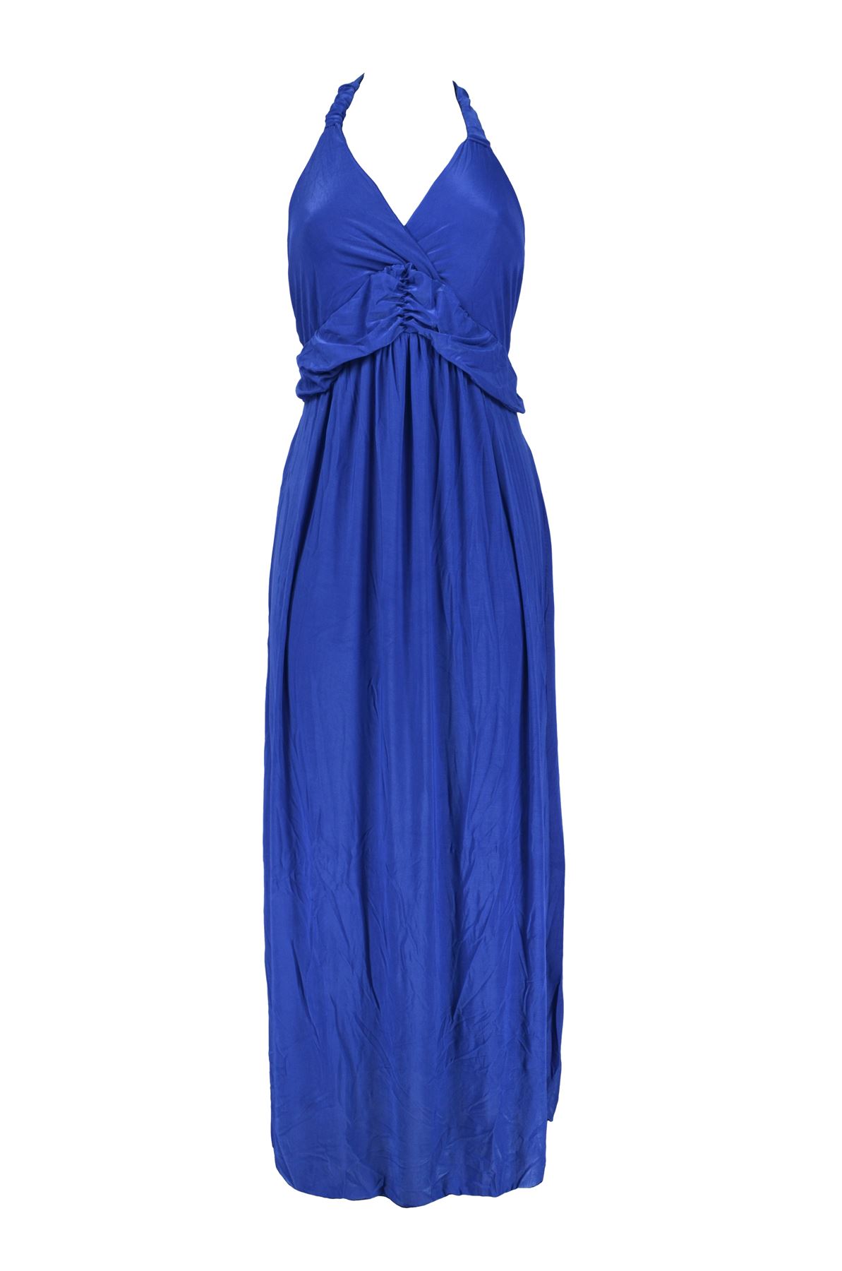 Belle Donne -Womens Clothing Long Maxi Halter Neck Solid Color Dress -Blue-L