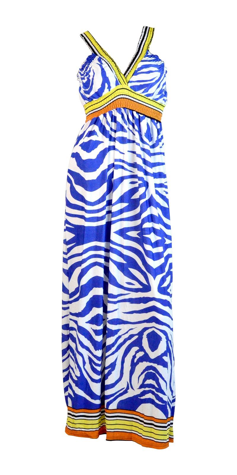Belle Donne-Womens Clothing Trimmed Animal Print Halter Maxi Dress-Blue / Large