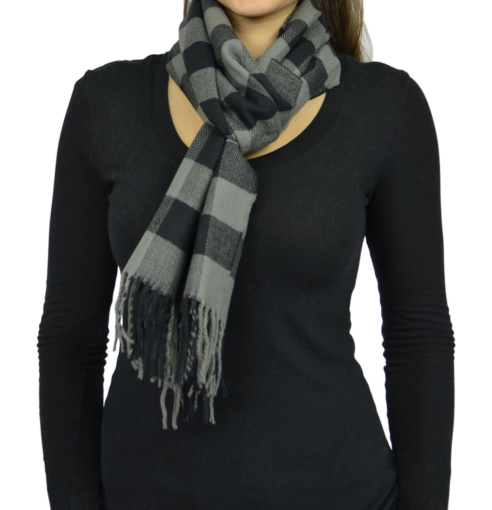 Belle Donne- Women Cashmere Feel Scarf - Plaid / Warm Winter Fashion Scarves - Gray