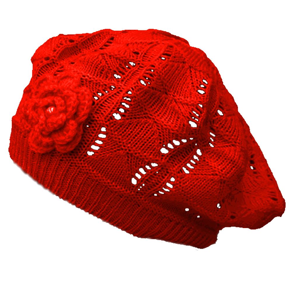 Mesh Beret Tam with Flower Hat Cap Red
