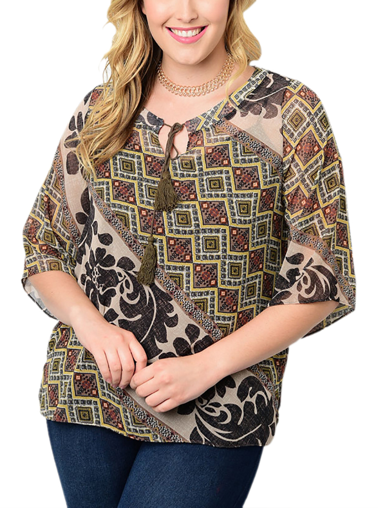 Belle Donne Big Women Tops Blouse Full or 3/4 Sleeve Casual Tunic Plus Size - Taupe/X-Large