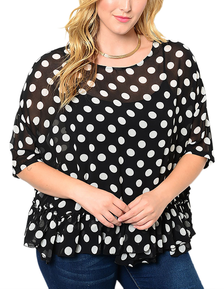 Belle Donne Big Women Tops Blouse Full or 3/4 Sleeve Casual Tunic Plus Size - Black/2X-Large