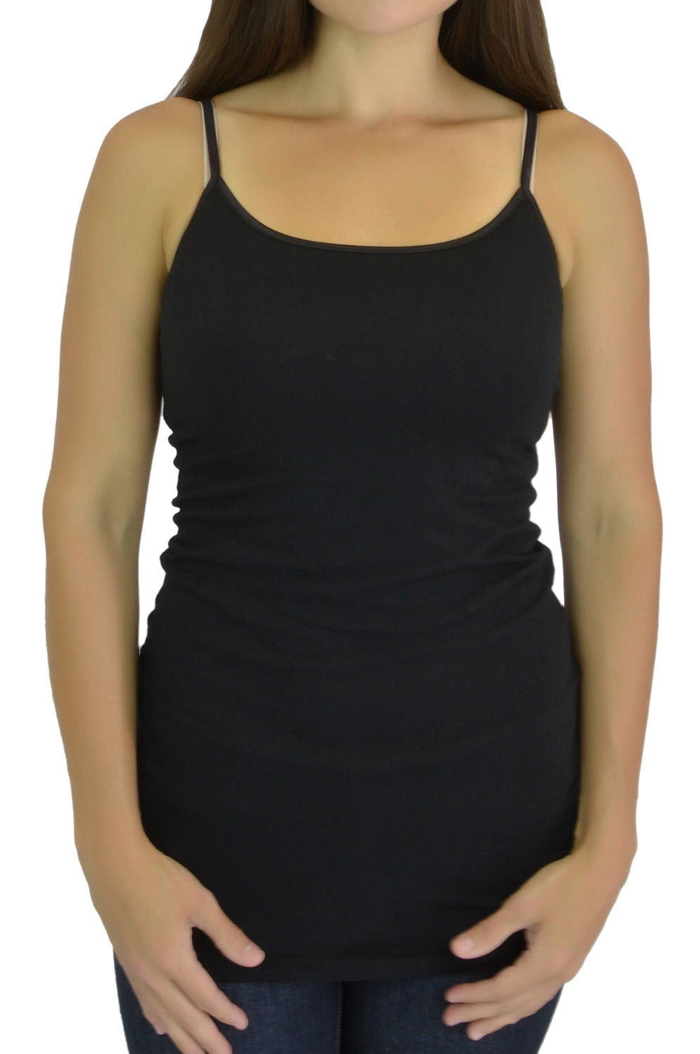 Belle Donne Tanktop for Women Extra Long Cami Tank Top with Built in Shelf Bra Cotton - Black Small